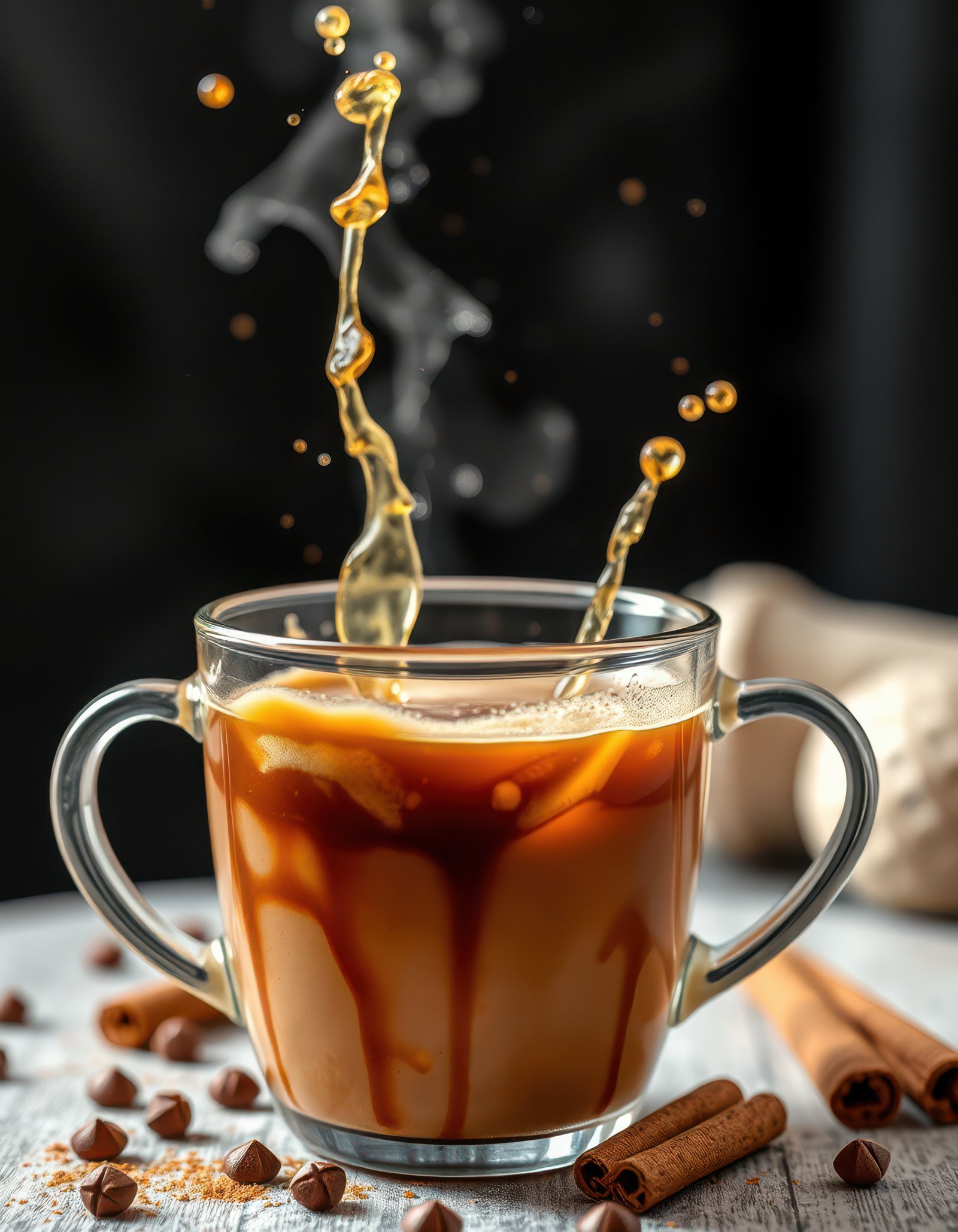 Hot beverage with splashes and syrup in a glass cup on a rustic wooden table, surrounded by chocolate and cinnamon, captured in natural light